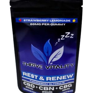Thrive Vitality Rest & Renew sleep gummies strawberry lemonade CBD CBN CBG 60mg per gummy bag.