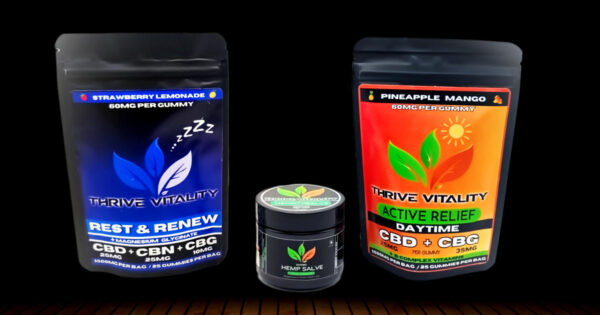 Thrive Vitality bundle deal featuring stacked hemp salve jars and Active Relief CBD + CBG gummies on outdoor rock background with $10 off coupon promotion.
