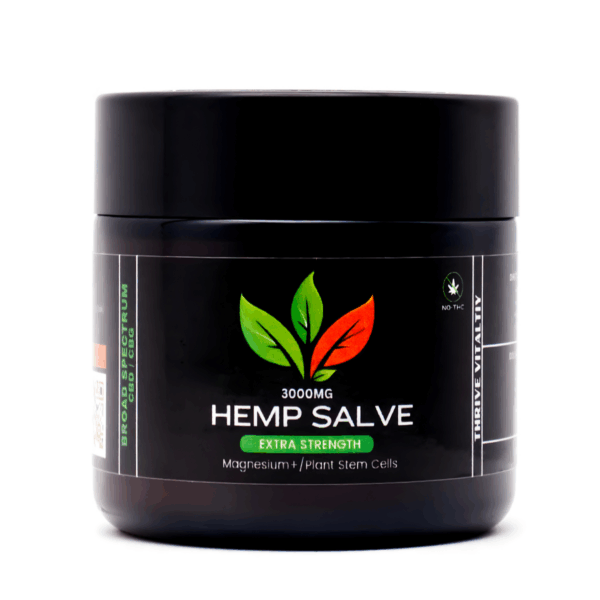 hemp topical salve jar 2 oz 2 oz jar of 3000mg broad-spectrum hemp salve with CBD and CBG, labeled extra strength with magnesium and plant stem cells, no THC, black container with green and red leaf logo.