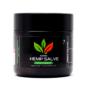 2 oz jar of 3000mg broad-spectrum hemp salve with CBD and CBG, labeled extra strength with magnesium and plant stem cells, no THC, black container with green and red leaf logo.