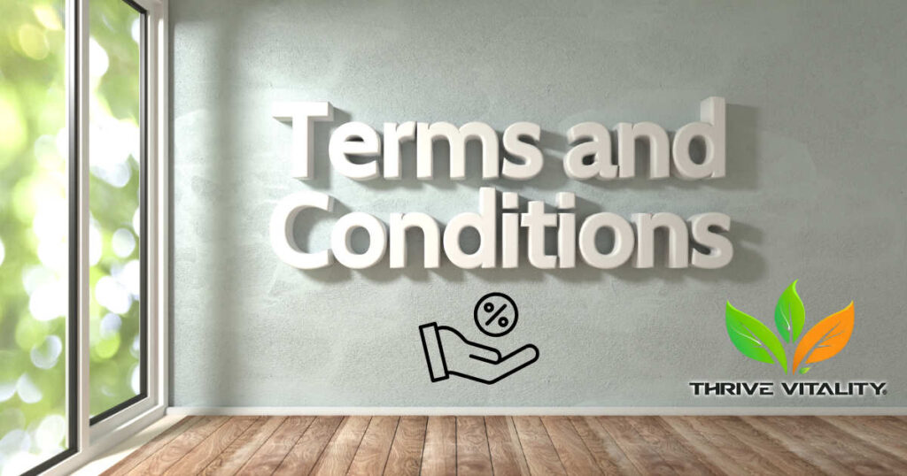 Affiliate Program Terms & Conditions 1 Thrive Vitality affiliate terms and conditions agreement with commission icon and brand logo.