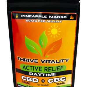 Thrive Vitality Active Relief Daytime CBD + CBG gummies pineapple mango 60mg per gummy bag.
