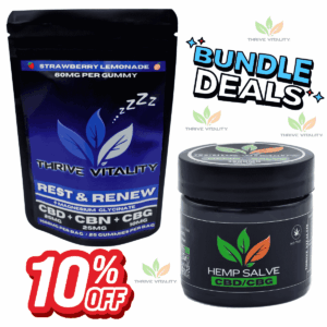 Thrive Vitality bundle deal featuring stacked hemp salve jars and Active Relief CBD + CBG gummies on outdoor rock background with 10% off coupon promotion for sleep and 1oz salve.