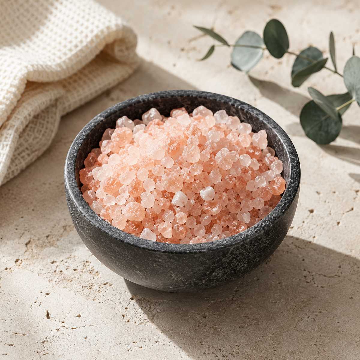 Pink Himalayan salt crystals in a charcoal stone bowl