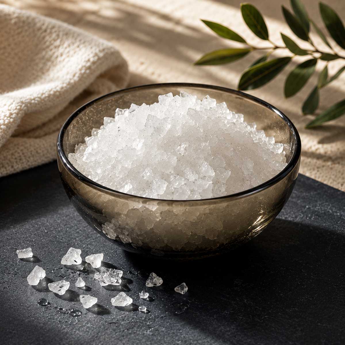 Magnesium chloride flakes in a smoked glass bowl