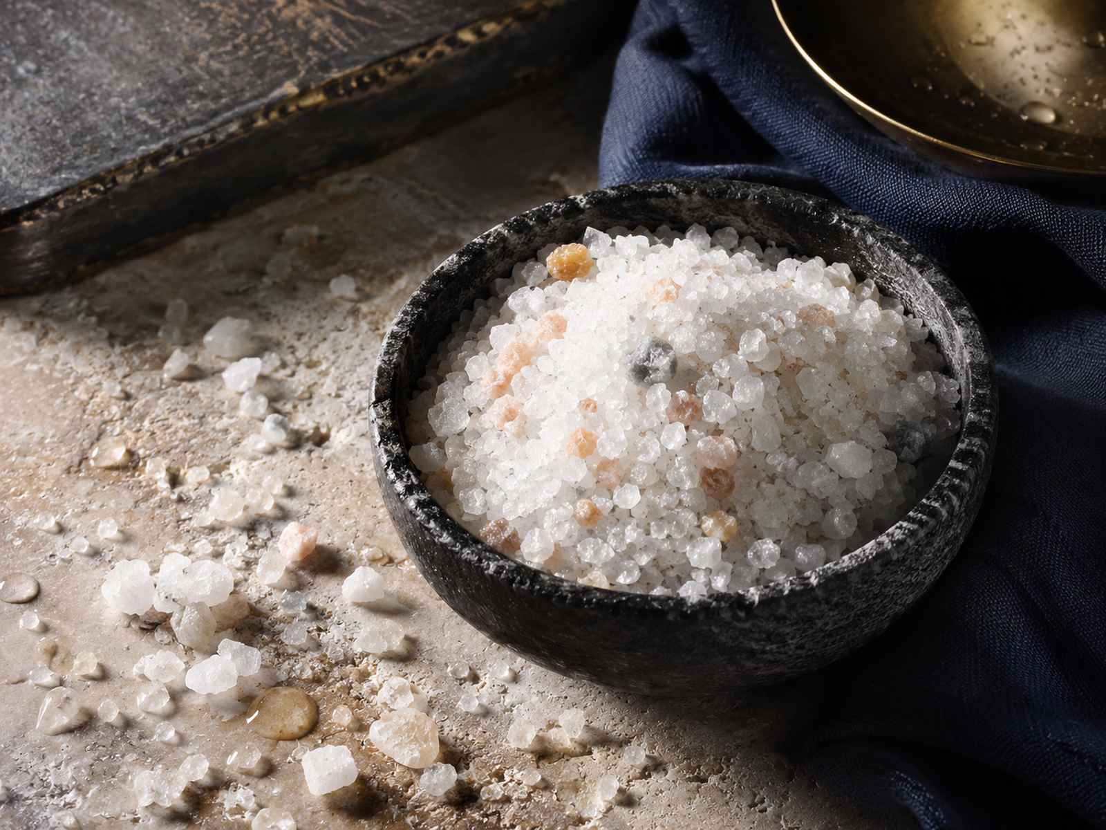 Four-mineral Dead Sea salt blend in a dark stone bowl