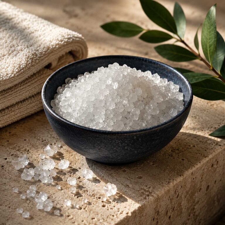 Clear Epsom salt crystals in a dark navy ceramic bowl on warm limestone with a cream towel and green leaf.