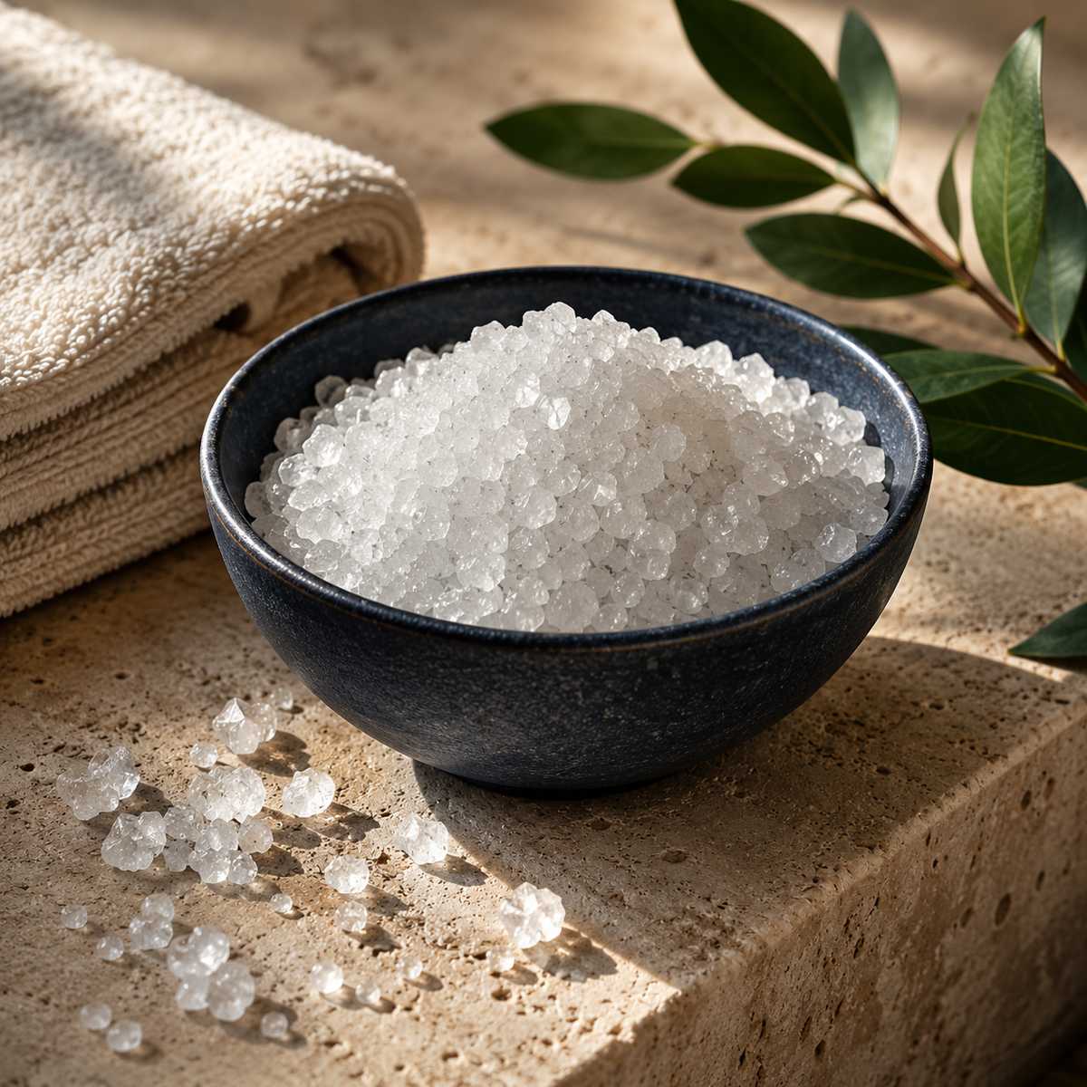 Clear Epsom salt crystals in a dark navy ceramic bowl on warm limestone with a cream towel and green leaf.