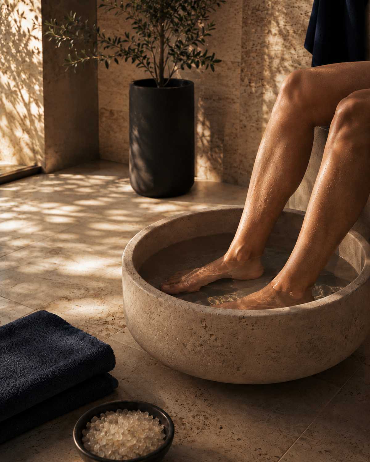 Foot soak recovery ritual in a warm spa setting