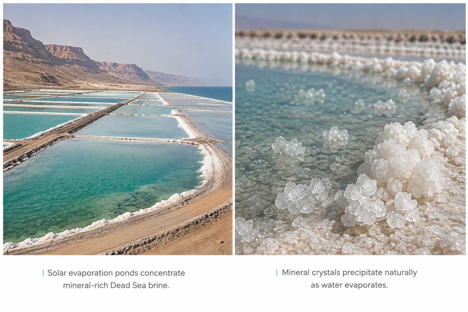 Dead Sea solar evaporation ponds beside harvested mineral crystals.