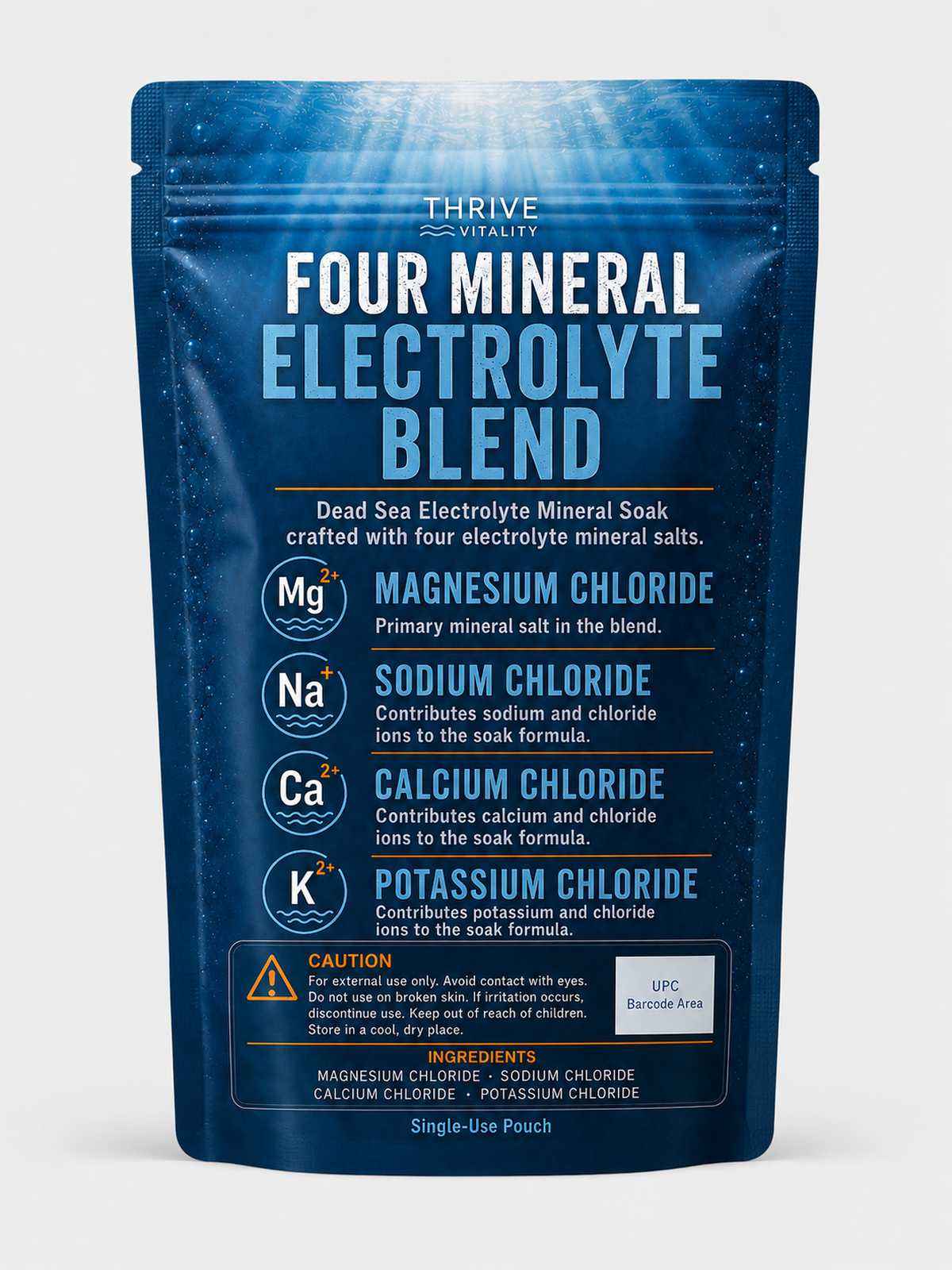 Back of Thrive Vitality Dead Sea Electrolyte Recovery Pack showing four-mineral blend and ingredients.