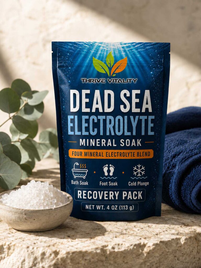 Thrive Vitality Dead Sea Electrolyte Mineral Soak Recovery Pack beside mineral salts and a navy spa towel