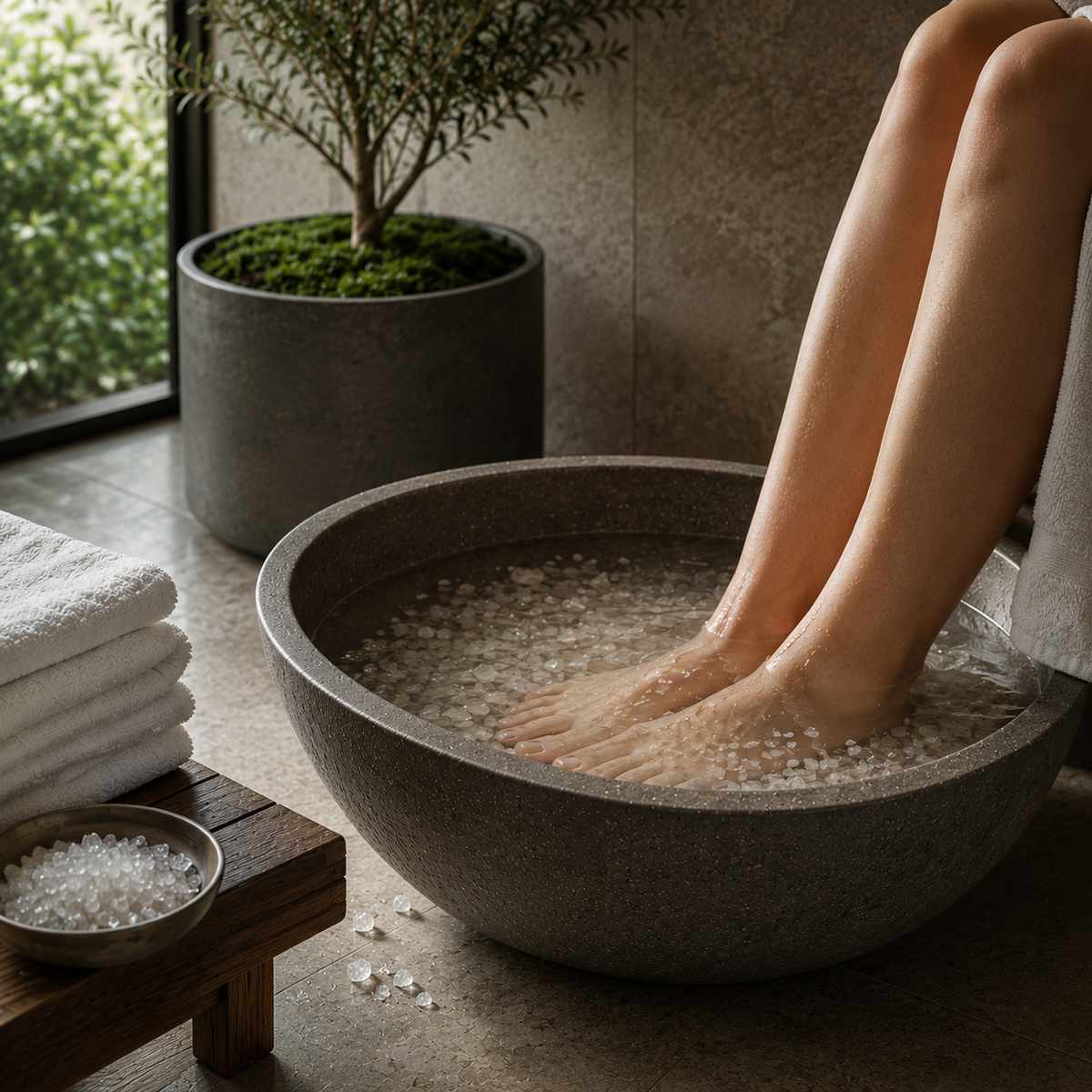 Relaxing mineral foot soak arranged for focused recovery