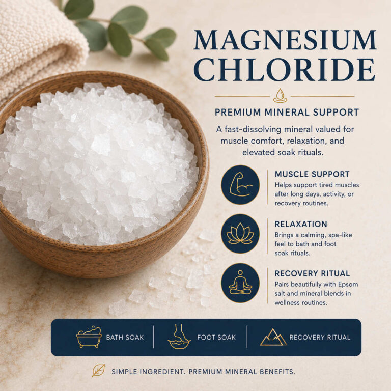 Magnesium chloride crystals in a wooden bowl for bath soaks, foot soaks, relaxation, and recovery rituals.