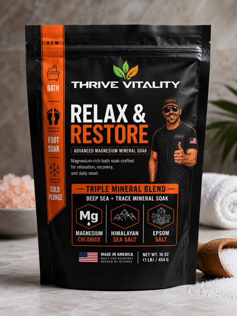 Front of Thrive Vitality Relax and Restore magnesium mineral soak pouch with triple-mineral blend.