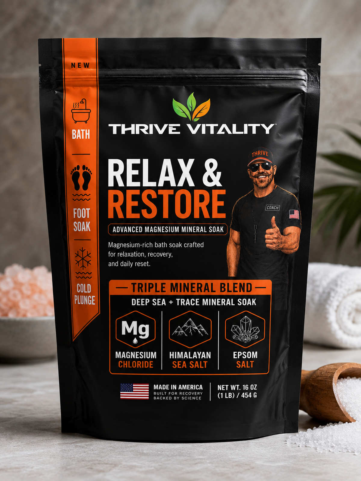 Front of Thrive Vitality Relax and Restore magnesium mineral soak pouch with triple-mineral blend.