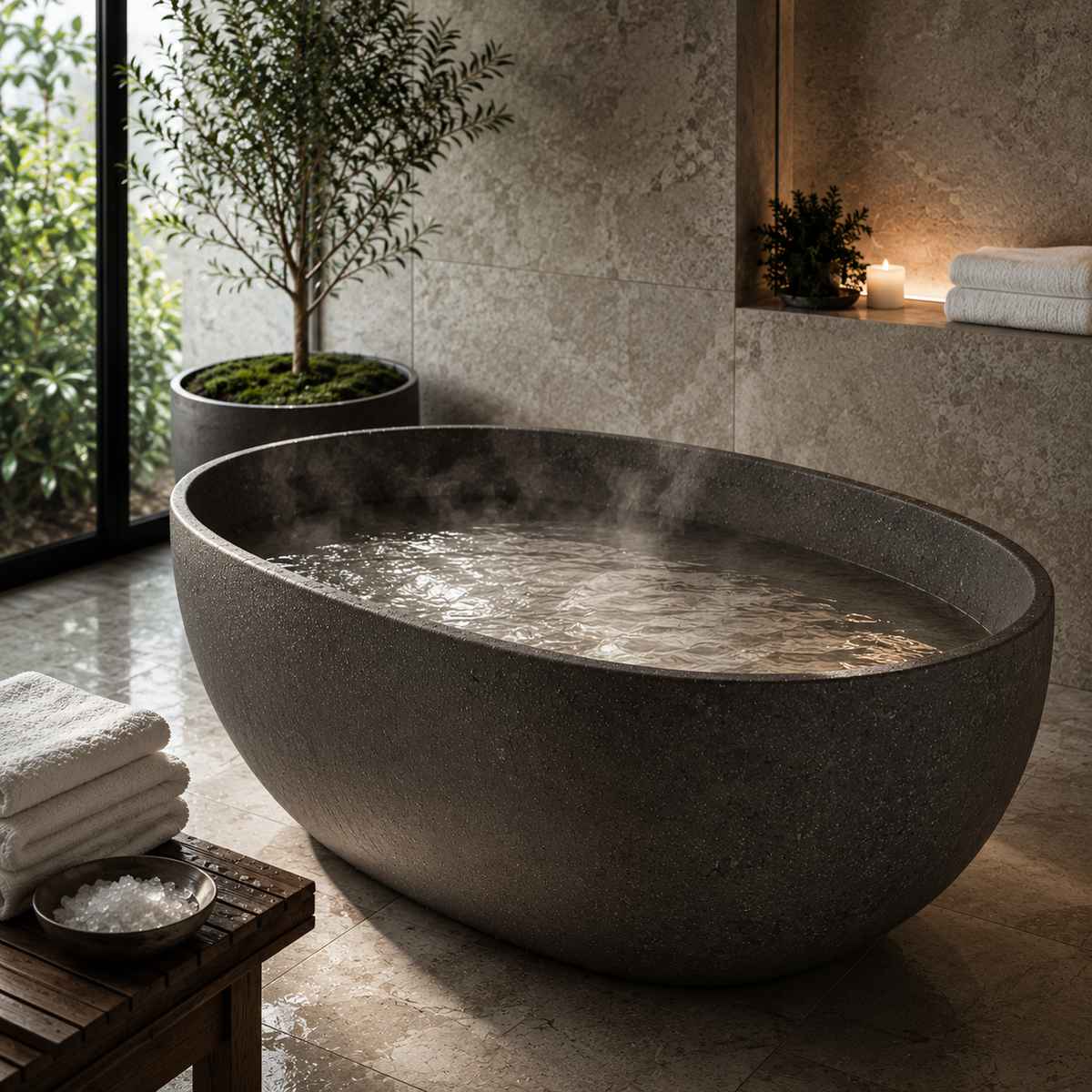 Warm mineral bath soak in a luxury stone spa with steaming water, folded towels, plants, candle, and soak crystals.