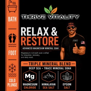 Front label of Thrive Vitality Relax & Restore magnesium mineral soak, 16 oz