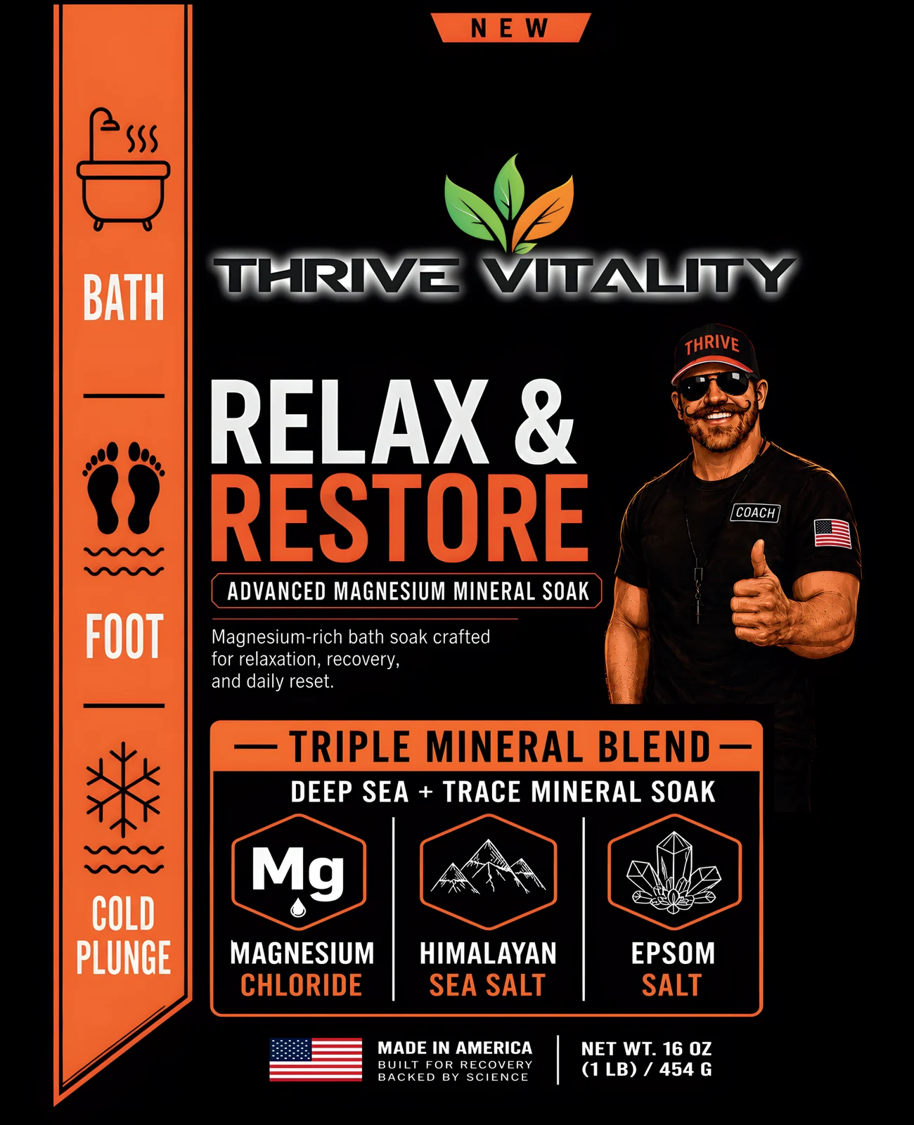 Front label of Thrive Vitality Relax & Restore magnesium mineral soak, 16 oz