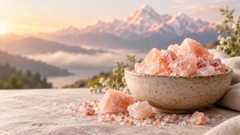 Pink Himalayan salt crystals in a stoneware bowl with mountains at sunrise in the background.
