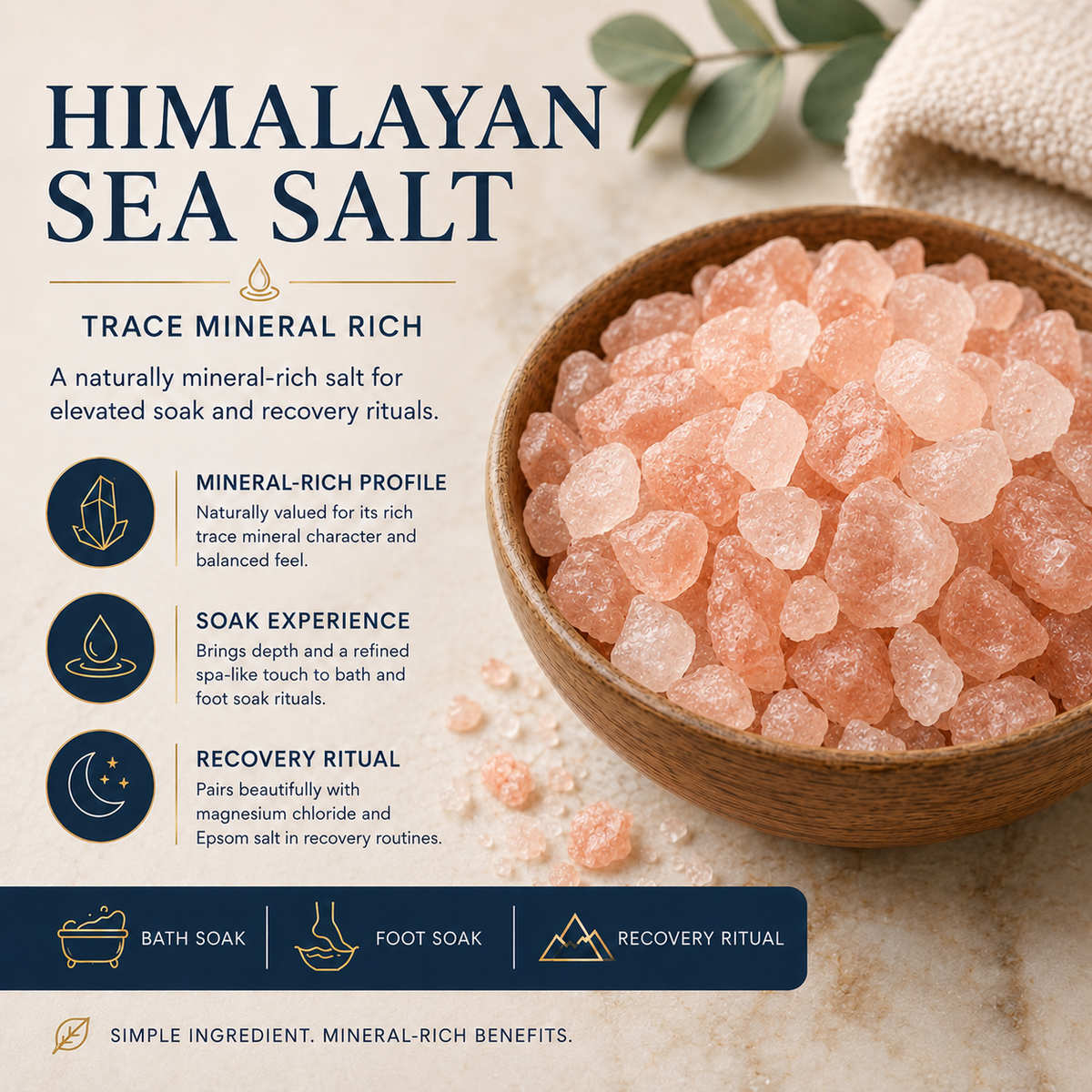 Himalayan salt overview: coarse pink salt crystals in a wooden bowl for bath and foot soaks.
